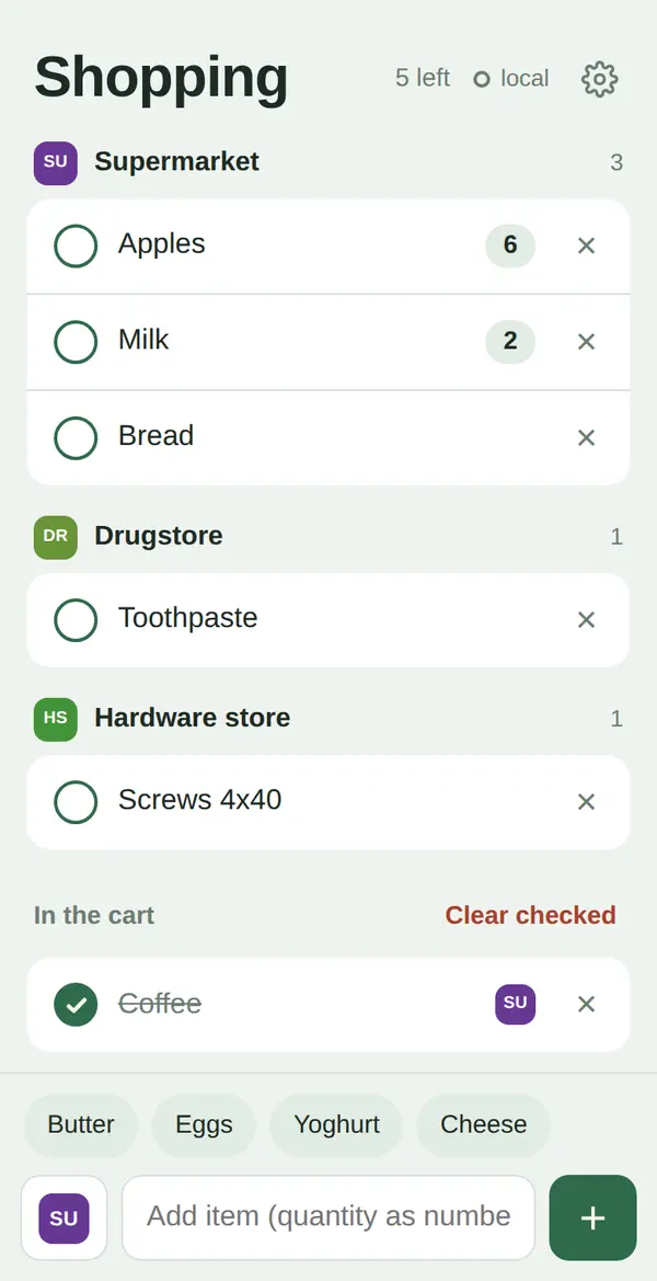 Screenshot of the shopping list with items grouped by supermarket, drugstore and hardware store